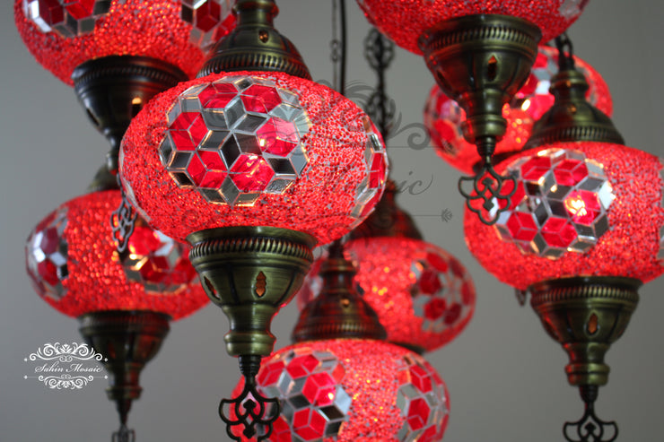 9-BALL TURKISH SULTAN MOSAIC CHANDELIER WITH NO3 (LARGE) GLOBES - TurkishLights.NET