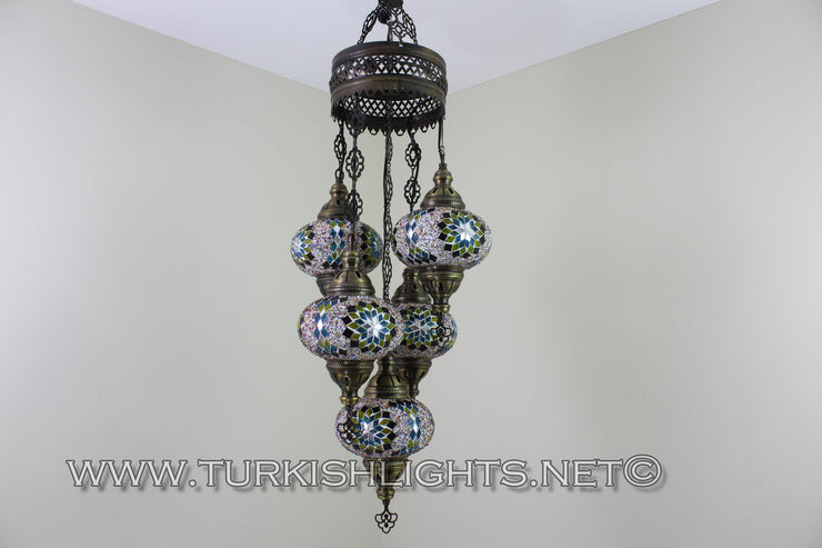 5-BALL SULTAN MOSAIC CHANDELIER (LARGE GLOBES) - TurkishLights.NET