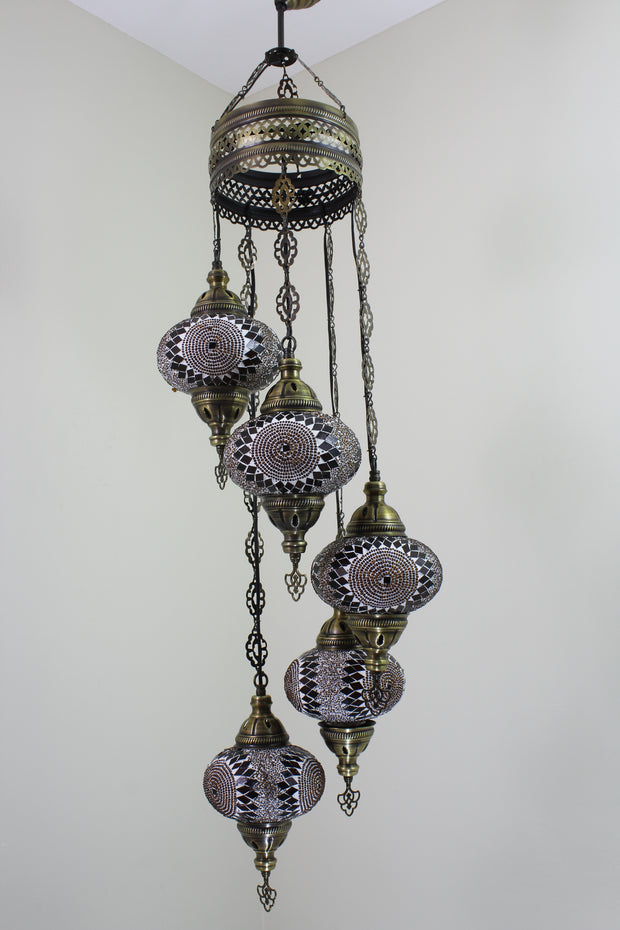 5 BALL TURKISH MOSAIC CHANDELIER, WITH LARGE GLOBES - TurkishLights.NET