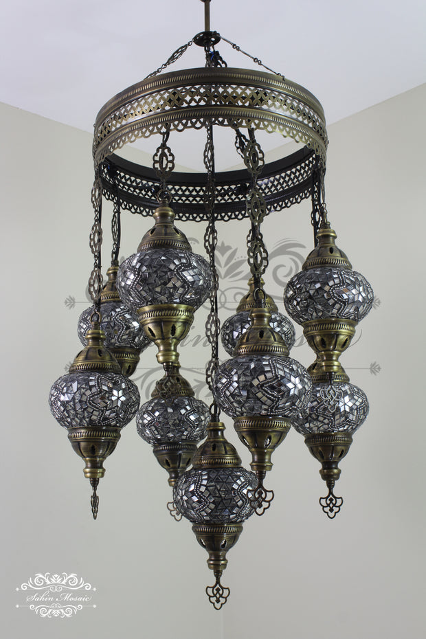 9-BALL TURKISH SULTAN MOSAIC CHANDELIER WITH NO2 (MEDIUM) GLOBES - TurkishLights.NET