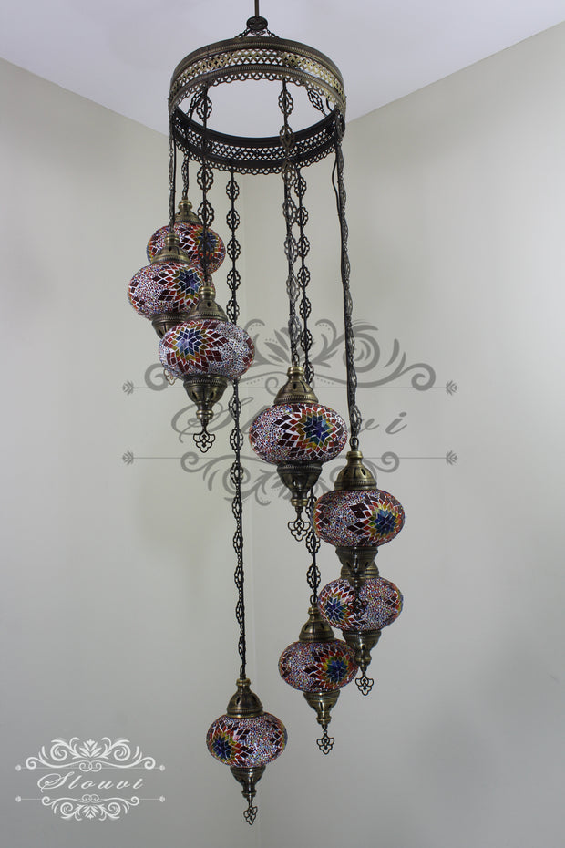 TURKISH MOSAIC LAMP, Water Drop Style CHANDELIER IN 8 LARGE GLOBES - TurkishLights.NET