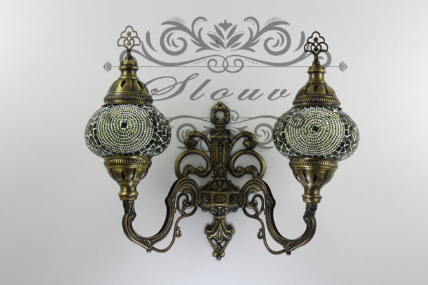 Turkish Mosaic Double Wall Sconce, With Medium Globes, Upward - TurkishLights.NET