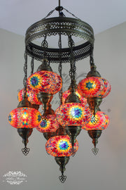 9-BALL TURKISH SULTAN MOSAIC CHANDELIER WITH NO3 (LARGE) GLOBES - TurkishLights.NET