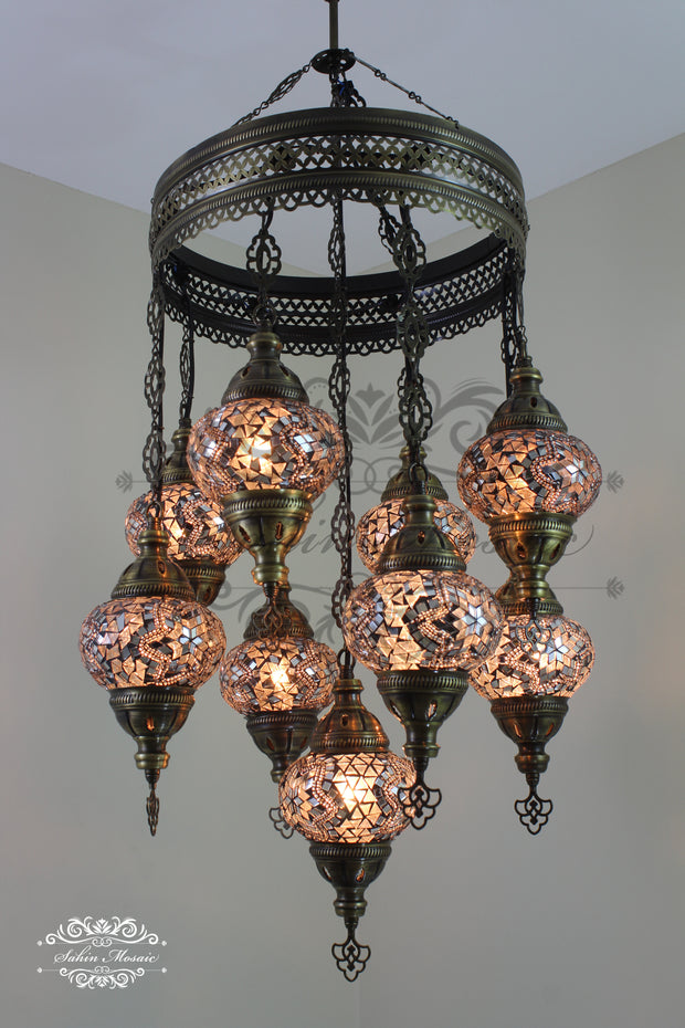 9-BALL TURKISH SULTAN MOSAIC CHANDELIER WITH NO2 (MEDIUM) GLOBES - TurkishLights.NET