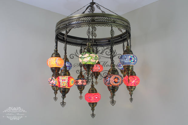 13-BALL TURKISH SULTAN MOSAIC CHANDELIER (MEDIUM GLOBES) - TurkishLights.NET