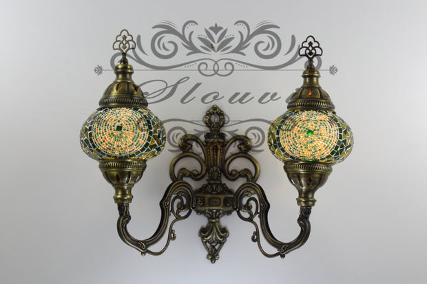 Turkish Mosaic Double Wall Sconce, With Medium Globes, Upward - TurkishLights.NET