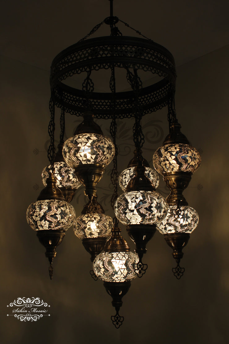 9-BALL TURKISH SULTAN MOSAIC CHANDELIER WITH NO2 (MEDIUM) GLOBES - TurkishLights.NET