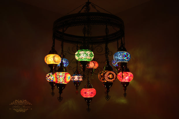 13-BALL TURKISH SULTAN MOSAIC CHANDELIER (MEDIUM GLOBES) - TurkishLights.NET