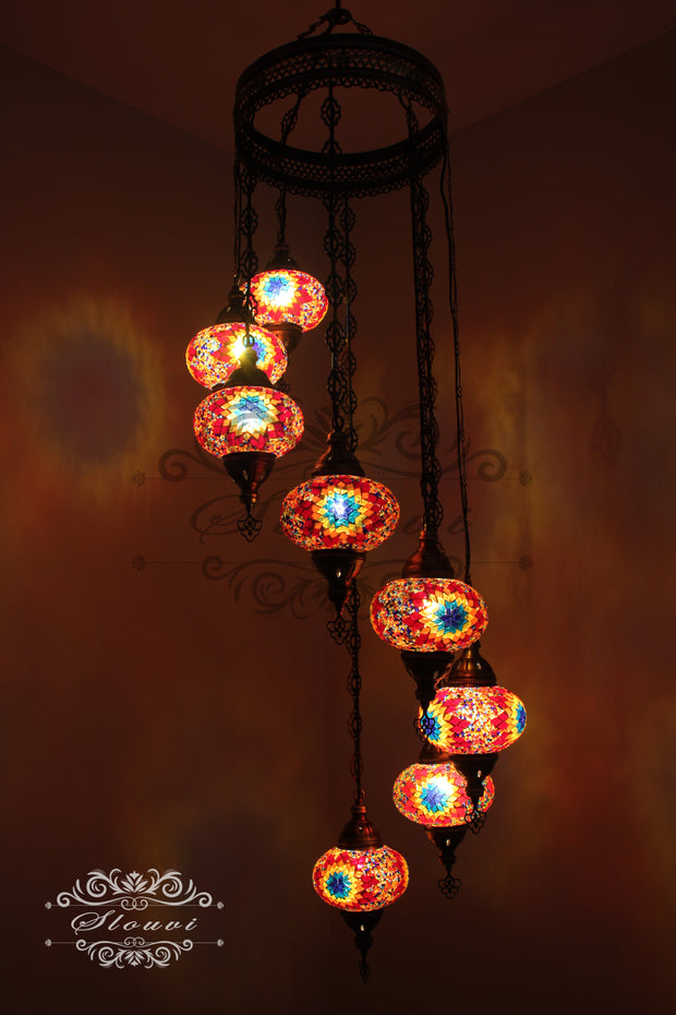 TURKISH MOSAIC LAMP, Water Drop Style CHANDELIER IN 8 LARGE GLOBES - TurkishLights.NET