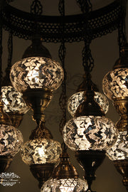 9-BALL TURKISH SULTAN MOSAIC CHANDELIER WITH NO2 (MEDIUM) GLOBES - TurkishLights.NET