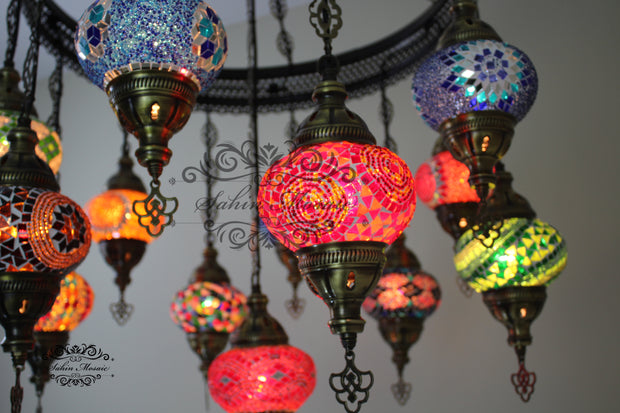 13-BALL TURKISH SULTAN MOSAIC CHANDELIER (MEDIUM GLOBES) - TurkishLights.NET