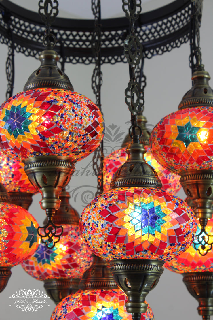 9-BALL TURKISH SULTAN MOSAIC CHANDELIER WITH NO3 (LARGE) GLOBES - TurkishLights.NET