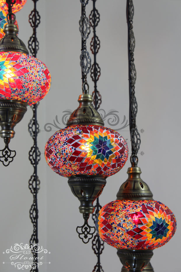 TURKISH MOSAIC LAMP, Water Drop Style CHANDELIER IN 8 LARGE GLOBES - TurkishLights.NET