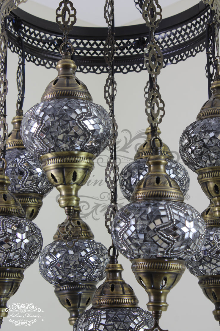 9-BALL TURKISH SULTAN MOSAIC CHANDELIER WITH NO2 (MEDIUM) GLOBES - TurkishLights.NET