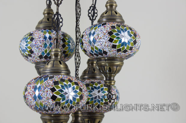 5-BALL SULTAN MOSAIC CHANDELIER (LARGE GLOBES) - TurkishLights.NET