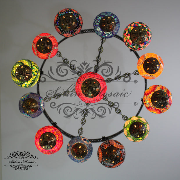 13-BALL TURKISH SULTAN MOSAIC CHANDELIER (MEDIUM GLOBES) - TurkishLights.NET