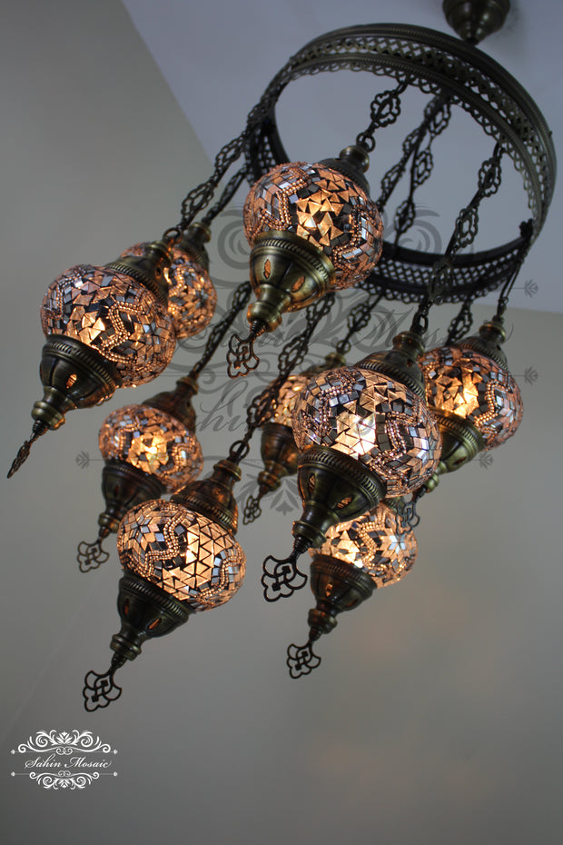 9-BALL TURKISH SULTAN MOSAIC CHANDELIER WITH NO2 (MEDIUM) GLOBES - TurkishLights.NET