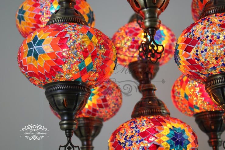 9-BALL TURKISH SULTAN MOSAIC CHANDELIER WITH NO3 (LARGE) GLOBES - TurkishLights.NET