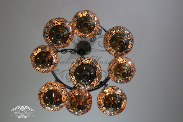 9-BALL TURKISH SULTAN MOSAIC CHANDELIER WITH NO2 (MEDIUM) GLOBES - TurkishLights.NET