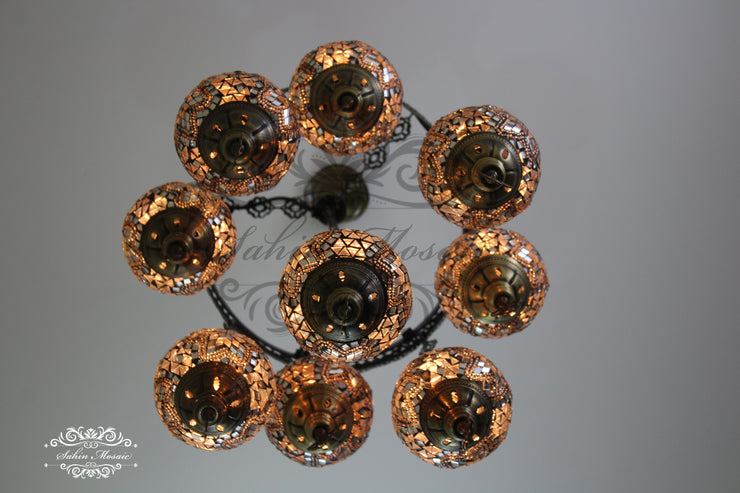 9-BALL TURKISH SULTAN MOSAIC CHANDELIER WITH NO2 (MEDIUM) GLOBES - TurkishLights.NET