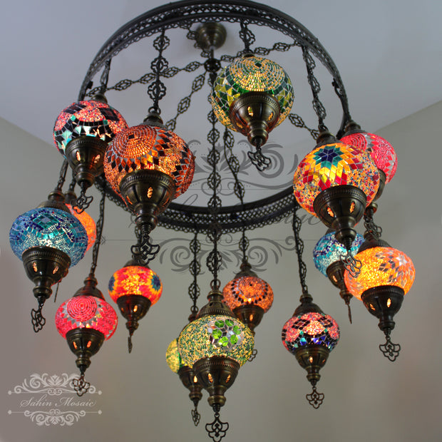 15-BALL TURKISH SULTAN MOSAIC CHANDELIER, MEDUM GLOBES - TurkishLights.NET