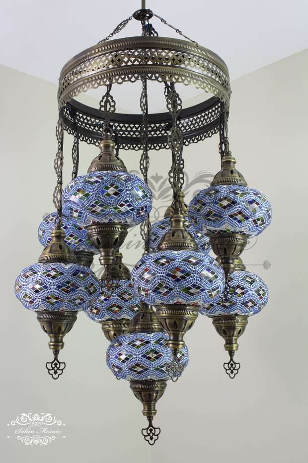 9-BALL TURKISH SULTAN MOSAIC CHANDELIER WITH NO3 (LARGE) GLOBES - TurkishLights.NET