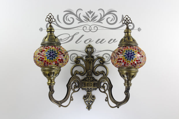 Turkish Mosaic Double Wall Sconce, With Medium Globes, Upward - TurkishLights.NET