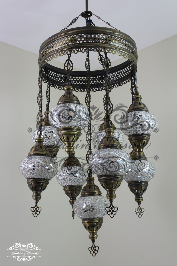 9-BALL TURKISH SULTAN MOSAIC CHANDELIER WITH NO2 (MEDIUM) GLOBES - TurkishLights.NET