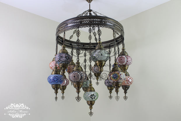 15-BALL TURKISH SULTAN MOSAIC CHANDELIER, MEDUM GLOBES - TurkishLights.NET