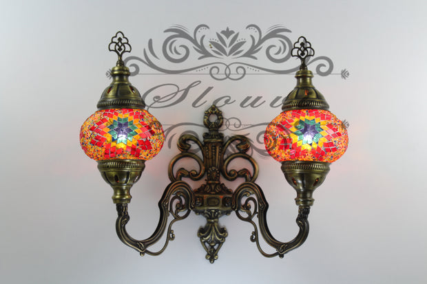 Turkish Mosaic Double Wall Sconce, With Medium Globes, Upward - TurkishLights.NET