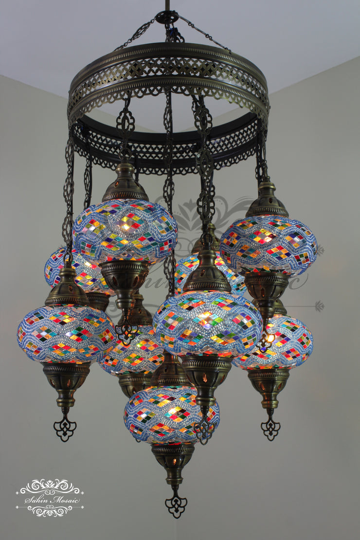 9-BALL TURKISH SULTAN MOSAIC CHANDELIER WITH NO3 (LARGE) GLOBES - TurkishLights.NET