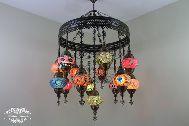 15-BALL TURKISH SULTAN MOSAIC CHANDELIER, MEDUM GLOBES - TurkishLights.NET