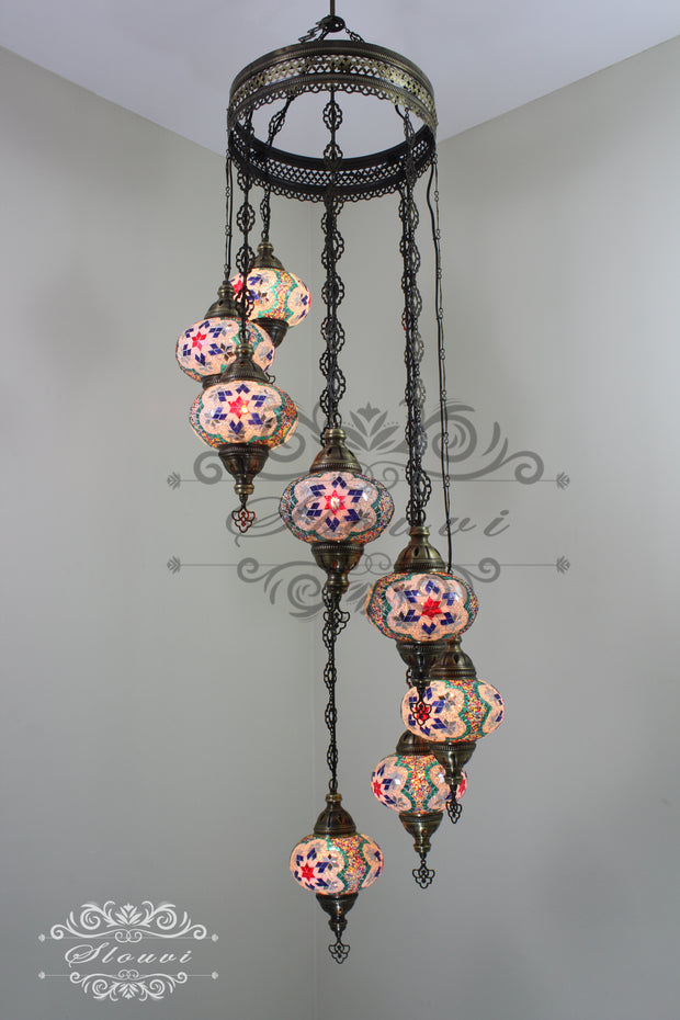 TURKISH MOSAIC LAMP, Water Drop Style CHANDELIER IN 8 LARGE GLOBES - TurkishLights.NET