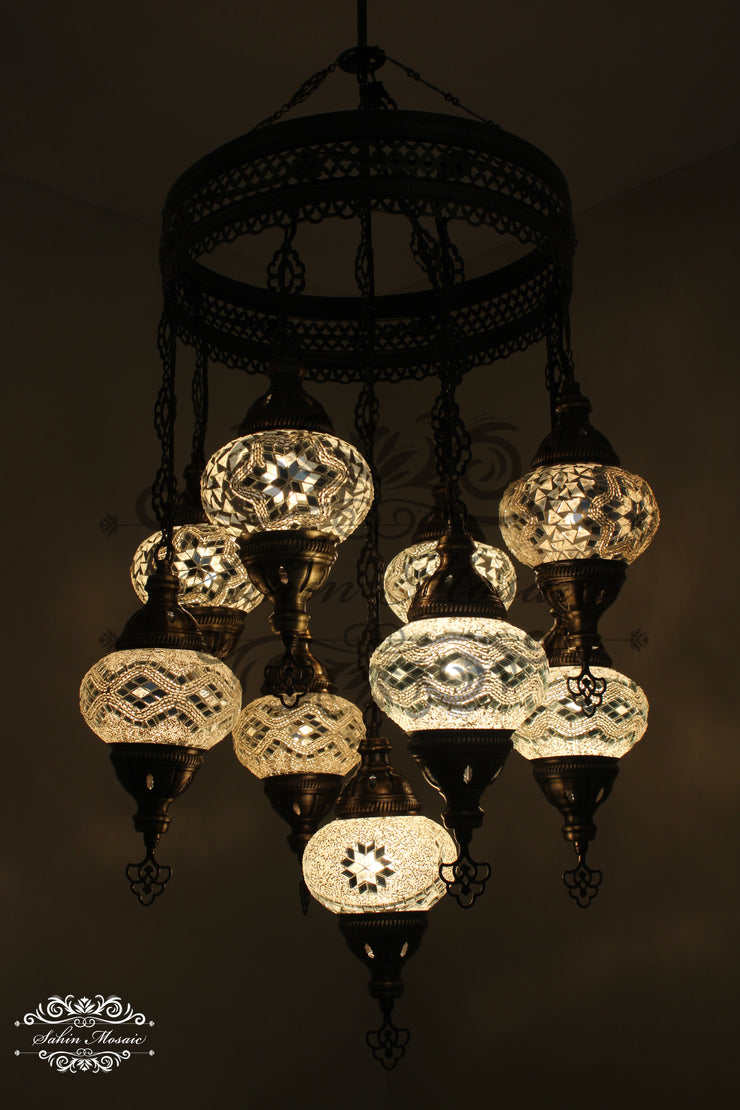 9-BALL TURKISH SULTAN MOSAIC CHANDELIER WITH NO2 (MEDIUM) GLOBES - TurkishLights.NET