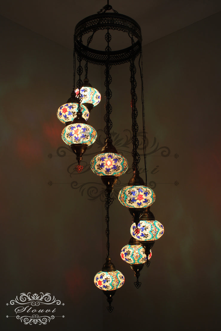 TURKISH MOSAIC LAMP, Water Drop Style CHANDELIER IN 8 LARGE GLOBES - TurkishLights.NET