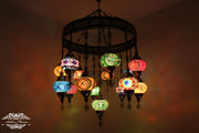 15-BALL TURKISH SULTAN MOSAIC CHANDELIER, MEDUM GLOBES - TurkishLights.NET