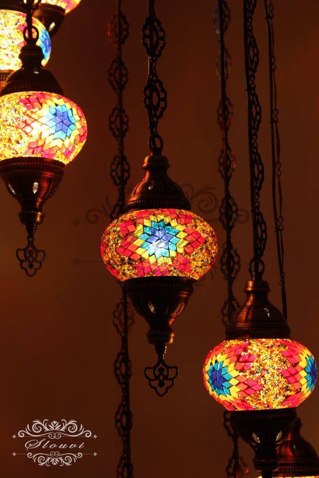 TURKISH MOSAIC LAMP, Water Drop Style CHANDELIER IN 8 GLOBES - TurkishLights.NET