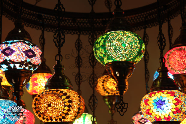 15-BALL TURKISH SULTAN MOSAIC CHANDELIER, MEDUM GLOBES - TurkishLights.NET