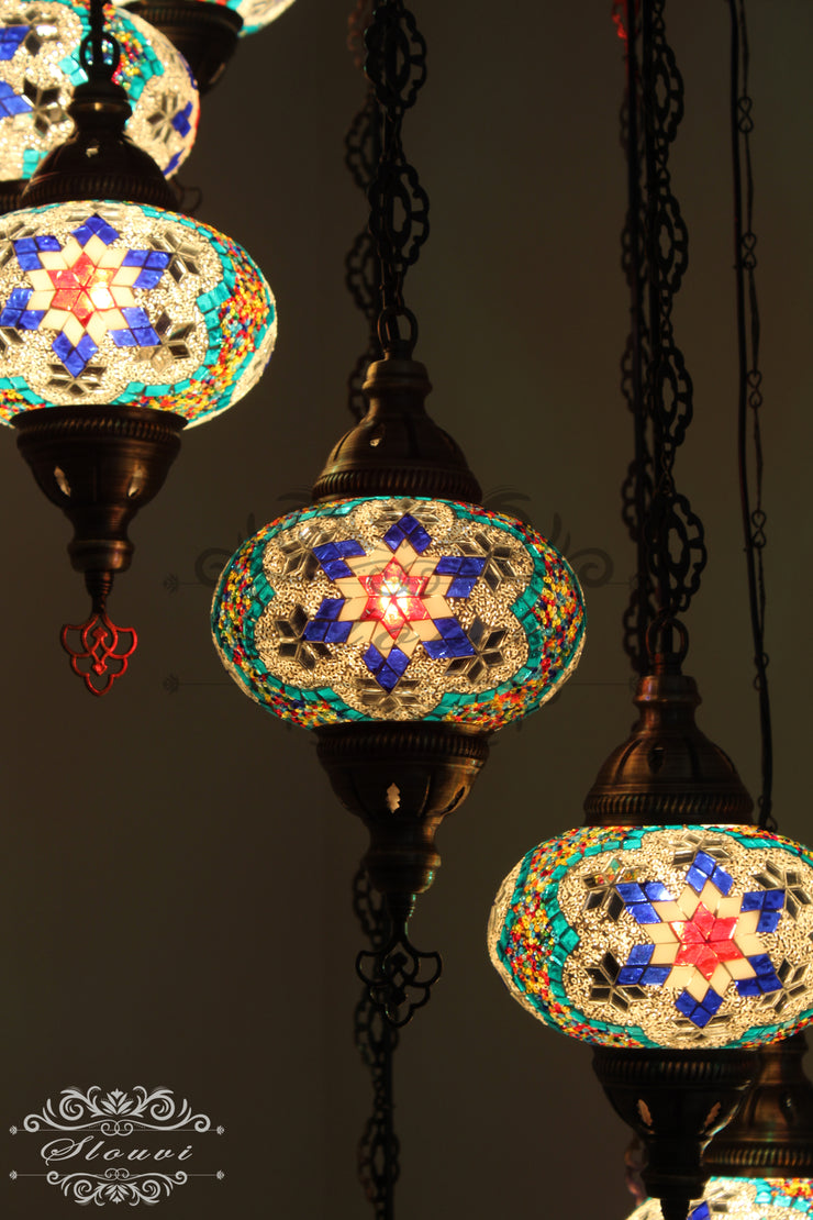 TURKISH MOSAIC LAMP, Water Drop Style CHANDELIER IN 8 LARGE GLOBES - TurkishLights.NET