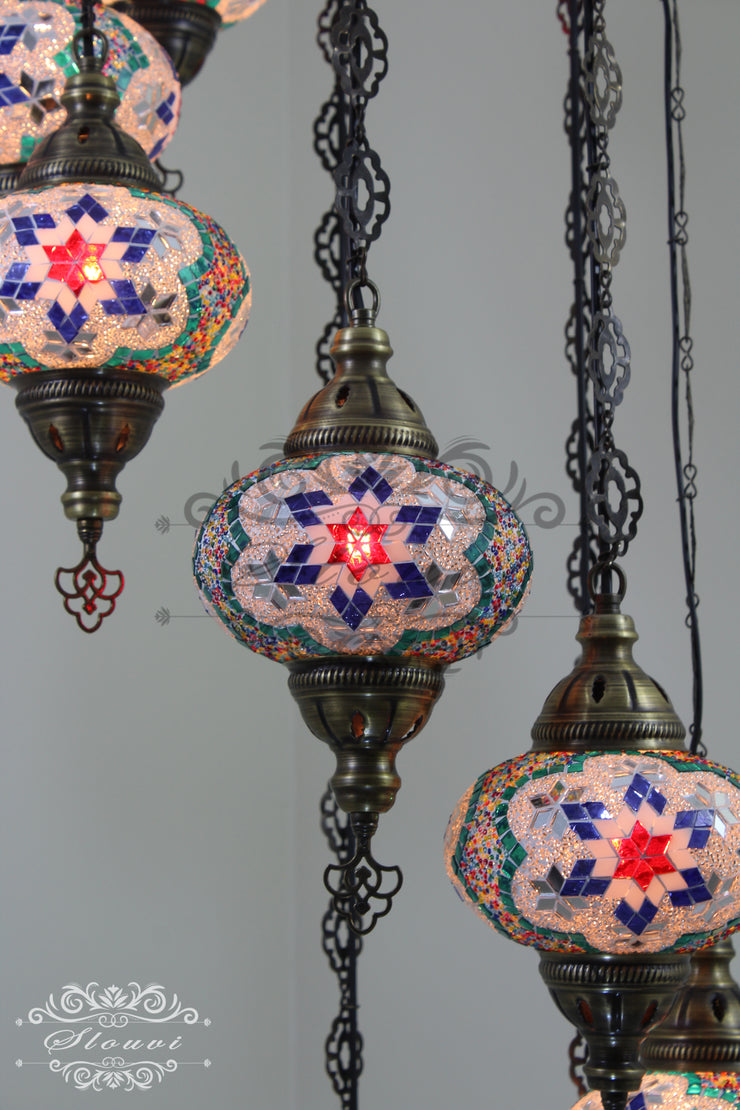 TURKISH MOSAIC LAMP, Water Drop Style CHANDELIER IN 8 LARGE GLOBES - TurkishLights.NET