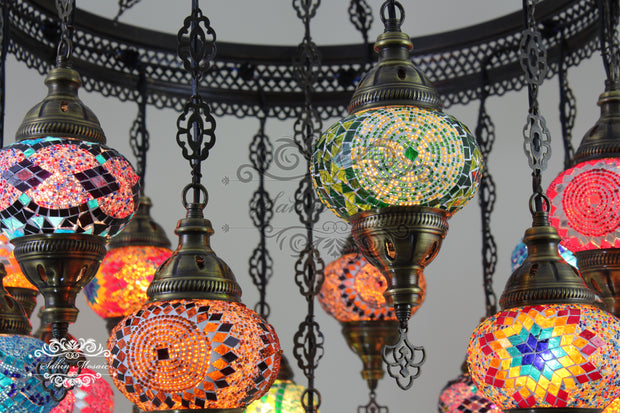 15-BALL TURKISH SULTAN MOSAIC CHANDELIER, MEDUM GLOBES - TurkishLights.NET