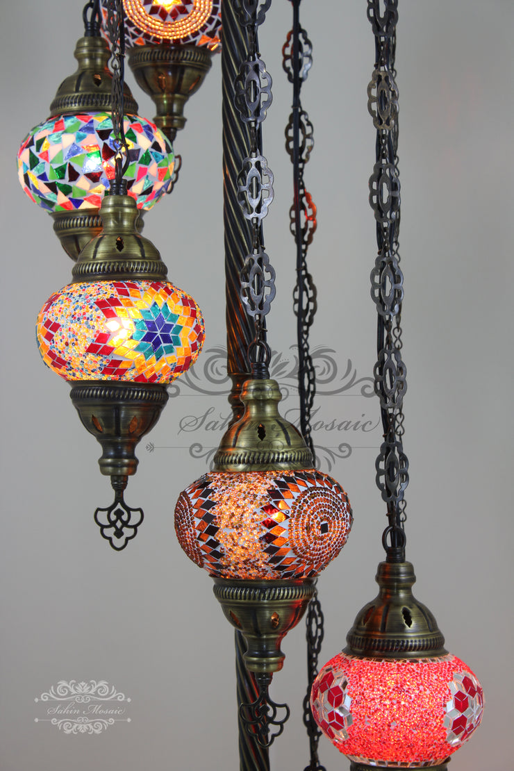 7 BALL TURKISH MOSAIC FLOOR LAMP, LAMBADER, MEDIUM GLOBES - TurkishLights.NET