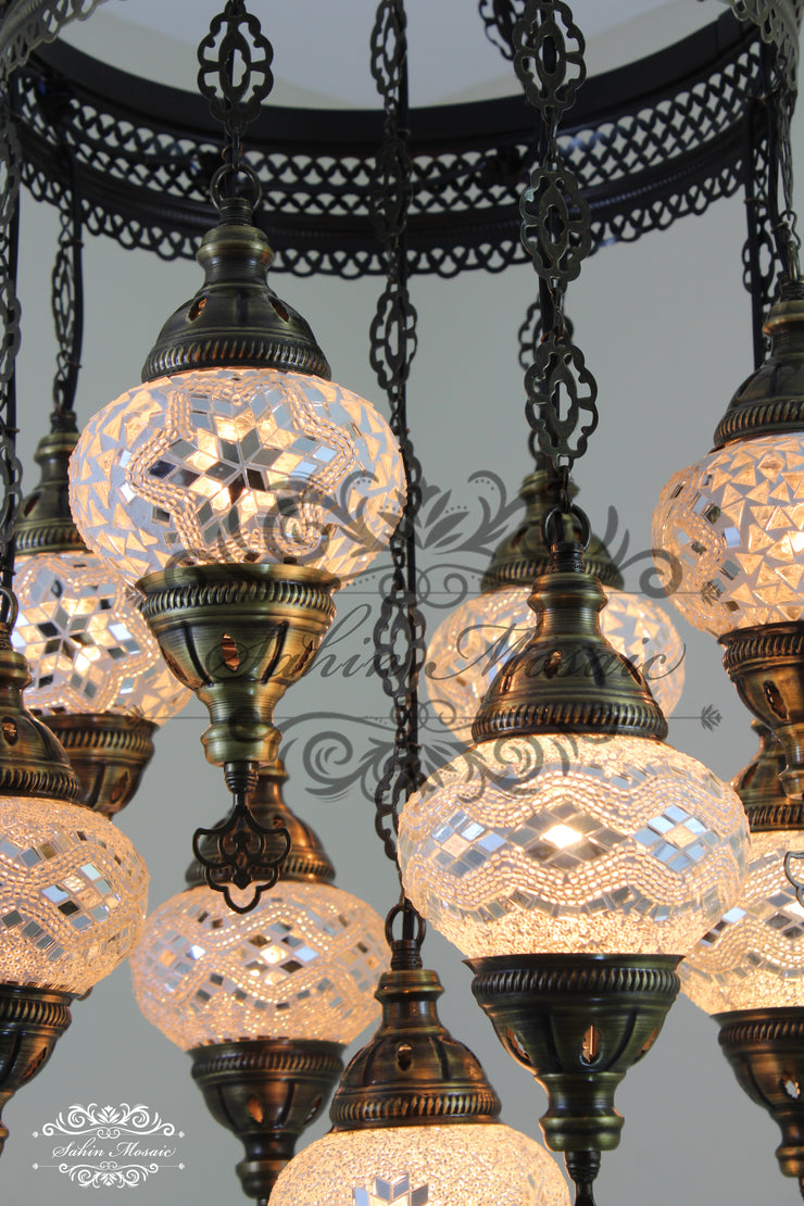 9-BALL TURKISH SULTAN MOSAIC CHANDELIER WITH NO2 (MEDIUM) GLOBES - TurkishLights.NET