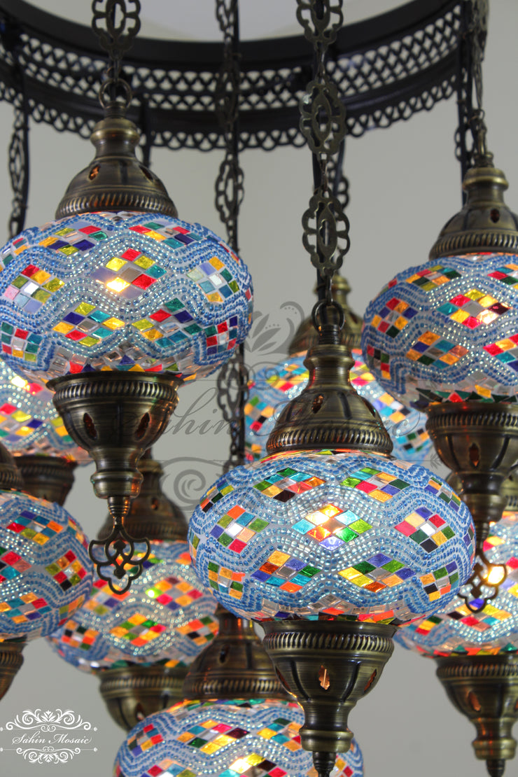 9-BALL TURKISH SULTAN MOSAIC CHANDELIER WITH NO3 (LARGE) GLOBES - TurkishLights.NET