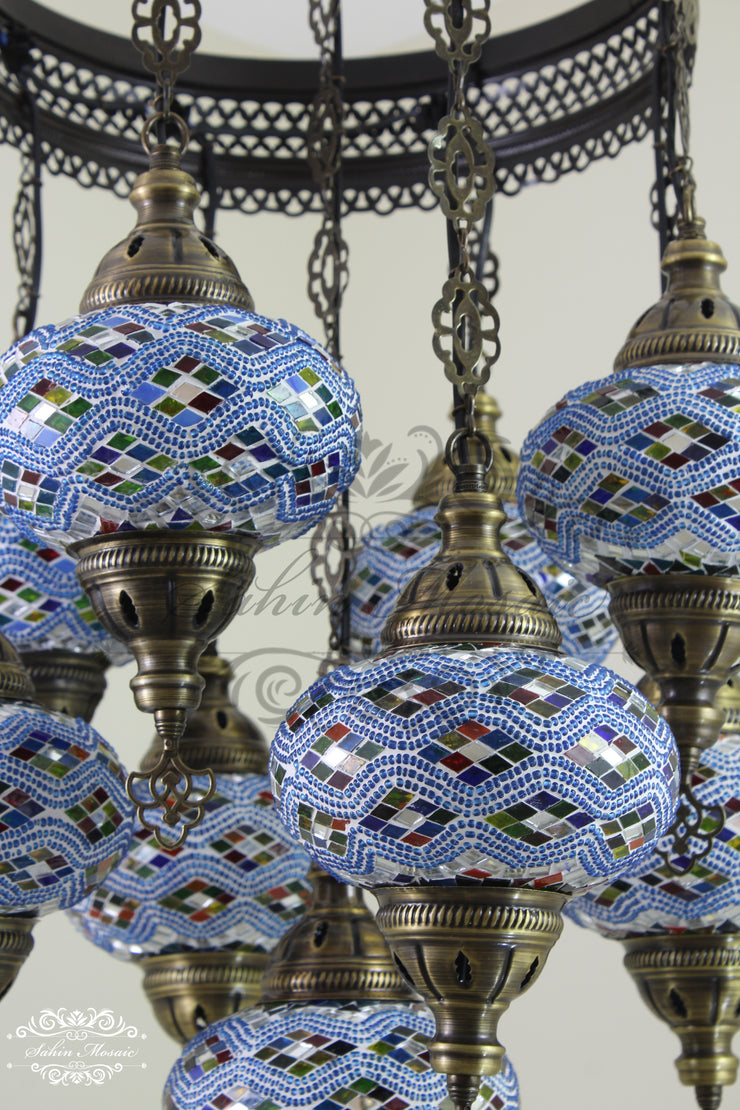 9-BALL TURKISH SULTAN MOSAIC CHANDELIER WITH NO3 (LARGE) GLOBES - TurkishLights.NET