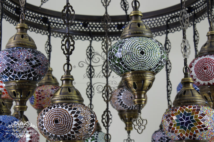 15-BALL TURKISH SULTAN MOSAIC CHANDELIER, MEDUM GLOBES - TurkishLights.NET