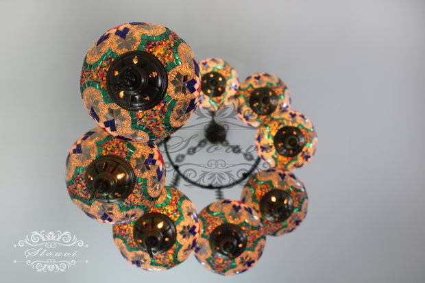 TURKISH MOSAIC LAMP, Water Drop Style CHANDELIER IN 8 LARGE GLOBES - TurkishLights.NET