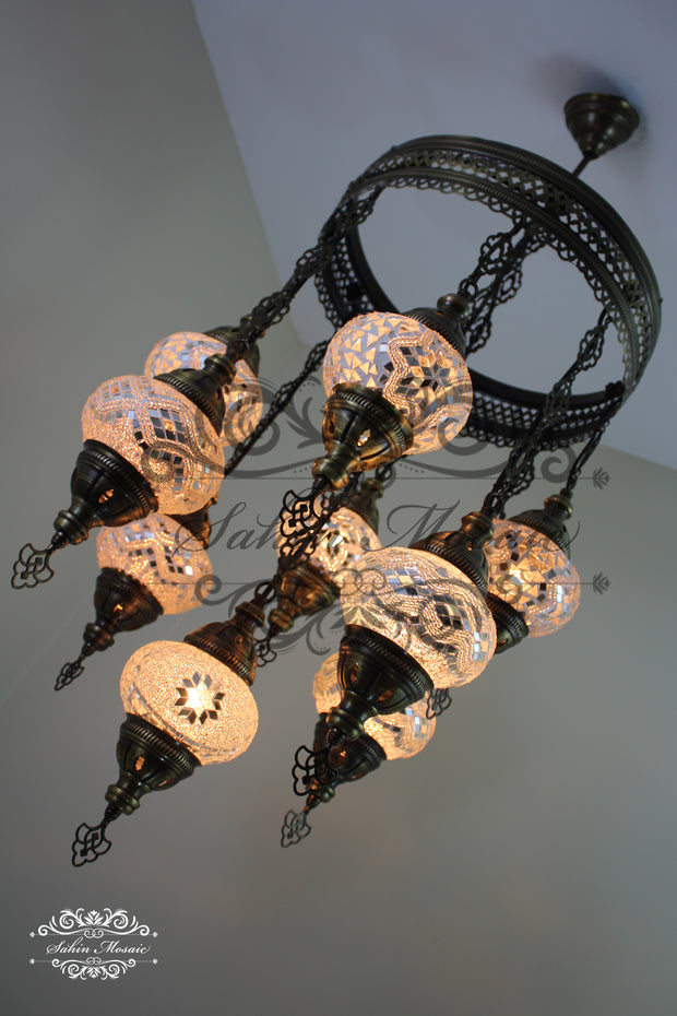 9-BALL TURKISH SULTAN MOSAIC CHANDELIER WITH NO2 (MEDIUM) GLOBES - TurkishLights.NET