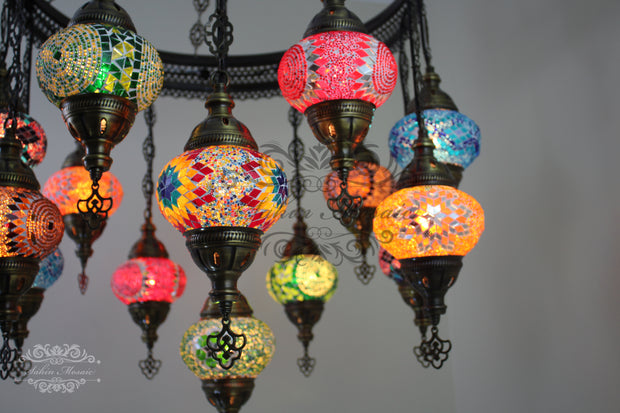 15-BALL TURKISH SULTAN MOSAIC CHANDELIER, MEDUM GLOBES - TurkishLights.NET