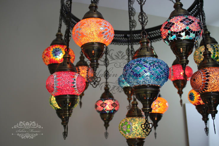 15-BALL TURKISH SULTAN MOSAIC CHANDELIER, MEDUM GLOBES - TurkishLights.NET